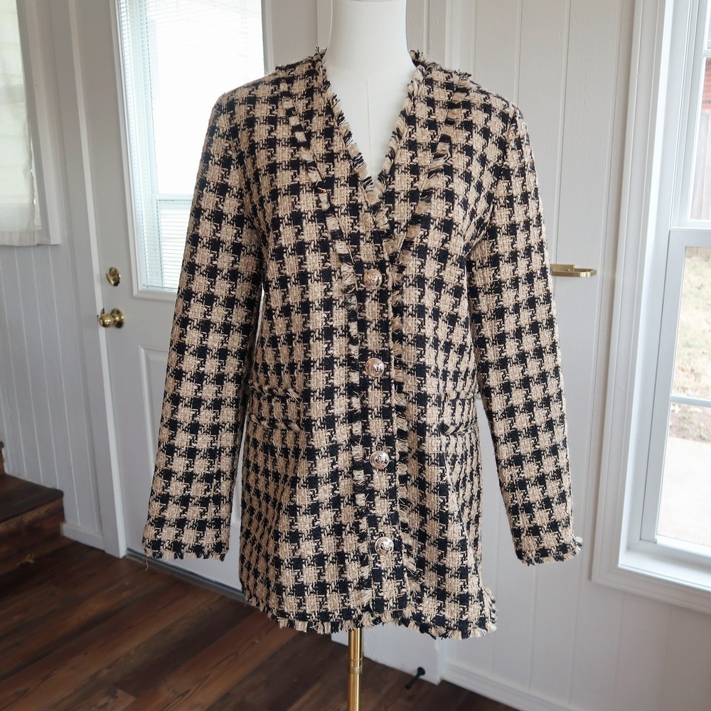 NWOT Ann Taylor Womens Tweed Blazer 6 Metallic Plaid Longline Jacket Old Money‎